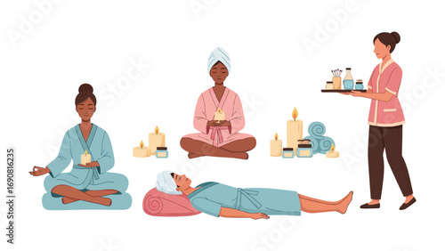 Diverse individuals enjoying spa treatments and relaxation including meditation massage and beauty products with a therapist offering services