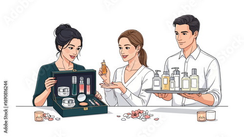 Diverse group of people presenting and examining a luxurious beauty product collection in a retail or spa setting