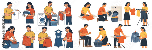 Set of scenes with a couple doing laundry and household chores like washing, drying, ironing, and mending clothes