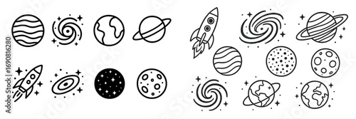 Minimalist line art of space elements with planets, galaxies, rockets, and stars for cosmic and astronomy themes