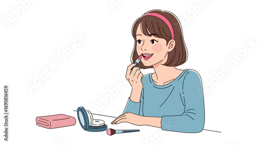 Young woman with brown hair wearing a blue shirt and pink headband applying lipstick in front of a mirror at a table