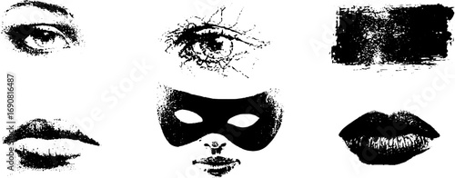 Black and white grunge art set featuring eyes, lips, and mask for urban design