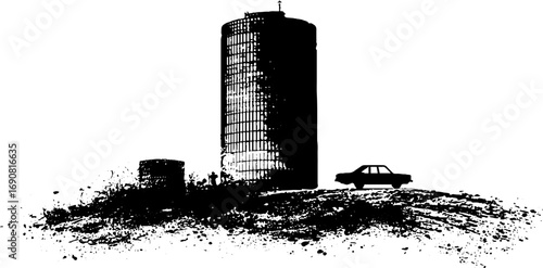 Futuristic black and white grunge silhouette of cylindrical structures and vehicle for urban artwork