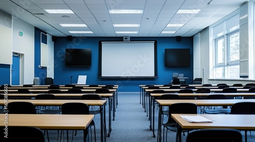 A spacious, well-lit classroom with blue walls, white walls, and a large whiteboard in the center.