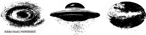 Grunge black and white galaxy set with ufo and planet designs for urban art and posters
