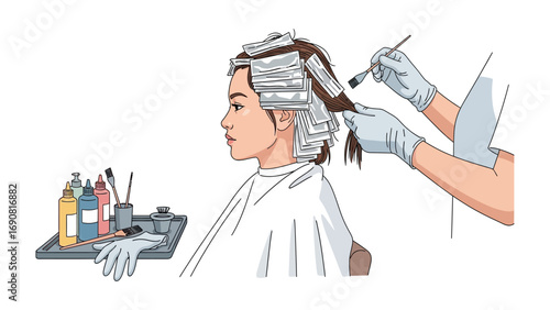 Close up profile of a young woman receiving hair highlighting treatment with foils and dye application in a salon setting