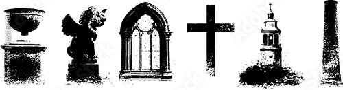 Grunge black and white illustration featuring gargoyle and gothic architecture elements