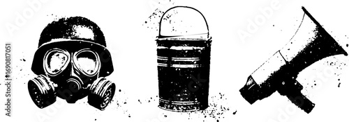 Grunge black and white set: gas mask, trash can, megaphone illustration for urban design