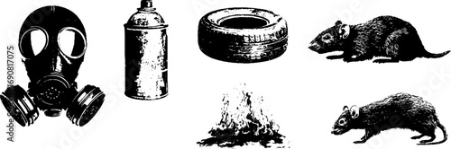 Industrial grunge elements: gas mask, spray can, tire, fire, and rats illustration set for urban design