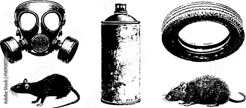 Grunge black and white illustration set featuring gas mask, spray can, rats, and tire