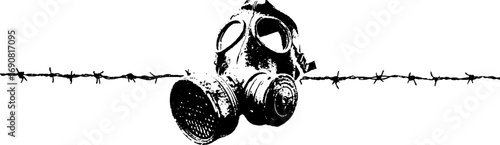 Grunge style black and white gas mask and barbed wire design for urban art