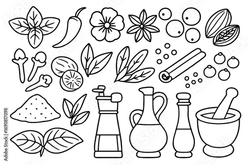 Culinary line art icon set of various spices and herbs including cinnamon, star anise, cloves, nutmeg, chili pepper, and kitchen tools