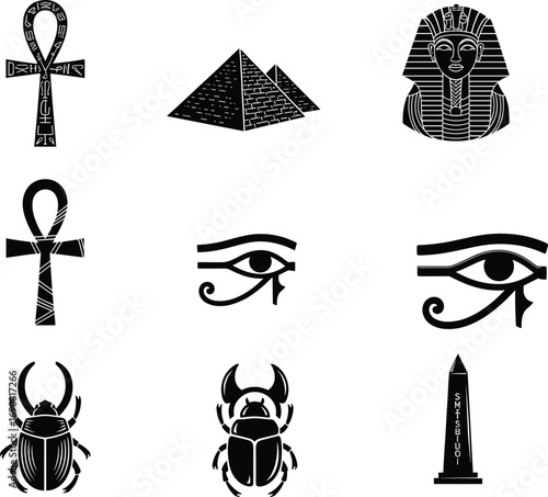 Ancient Egypt icons including ankh symbols, pyramids, pharaoh mask, eye of Horus, scarab beetles, and an obelisk.