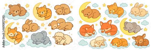 Cute collection of sleeping baby animals on clouds and moons for nursery decor and baby shower invitations
