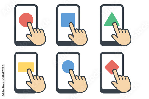 Hand gesture icons for smartphone touch screen interaction, showing a finger pressing colorful app buttons
