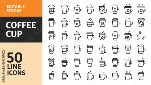 Coffee cup and beverage icons.Including coffee, cup, drink, paper, disposable, mug, container, and others option. editable stroke. vector illustration.