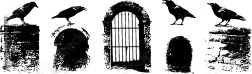 Gothic black and white grunge set with ravens and architectural elements