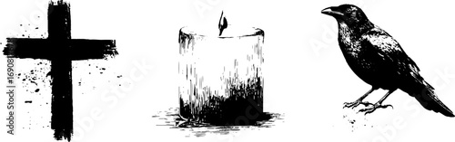 Grunge gothic elements set: cross, candle, and raven art design
