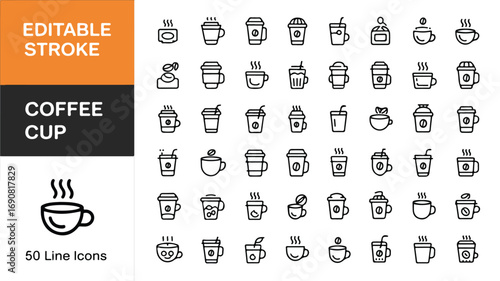 Coffee cup and beverage icons.Including coffee, cup, drink, paper, disposable, mug, container, and others option. editable stroke. vector illustration.