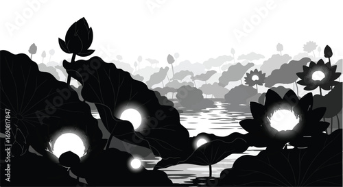 Serene lotus flowers bloom with glowing lights on a tranquil water surface, evoking peace and natural beauty.