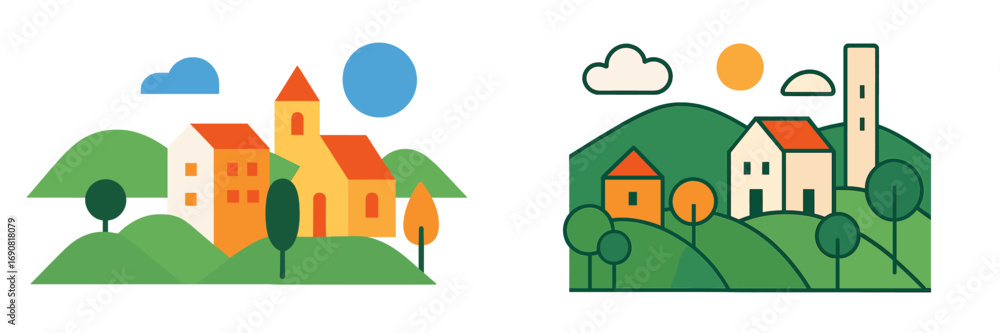 Naklejka premium Minimalist geometric village landscapes with houses and trees on green hills, two flat design concepts of a rural town scene