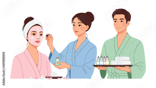 Diverse group of people enjoying a relaxing spa treatment with facial masks and skincare products in a serene beauty salon setting