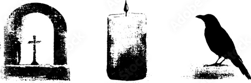 Gothic grunge black and white set featuring candle, cross tomb, and bird silhouette
