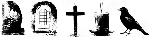 Gothic grunge black and white illustration set featuring cross candle and crow