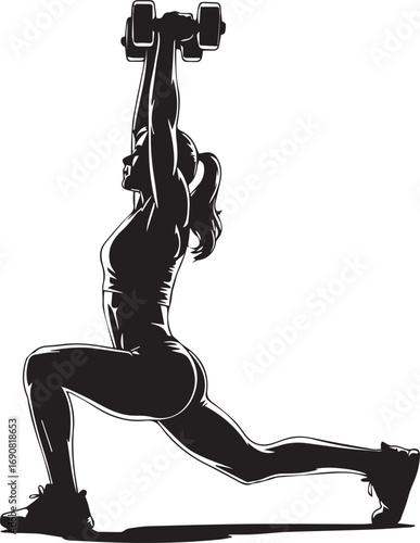Silhouette fitness athlete woman performing dumbbell lunges powerful workout exercise muscular strength training