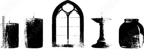 Gothic grunge illustration set with candles, window and chalice design for print or poster