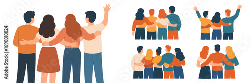 A collection of diverse friend groups seen from behind, hugging and showing support and unity in a flat style isolated on a white background