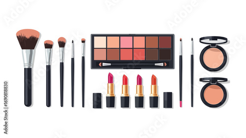 A comprehensive collection of professional makeup artist tools including brushes eyeshadow palette lipsticks and blush compacts arranged neatly on a white background for beauty and cosmetic concepts