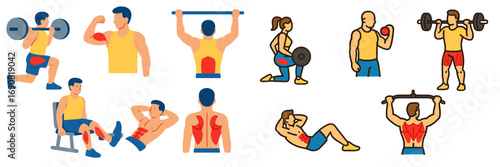 Set of gym workout icons showing people exercising and highlighting muscle anatomy for strength training and fitness