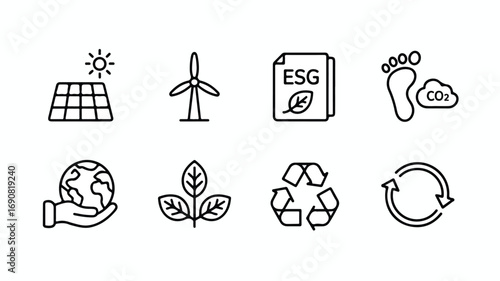 Eco-friendly ESG icon set. Thin line editable stroke icons for renewable energy, recycling, environmental impact, carbon footprint, green practices, water reuse, and planet care.