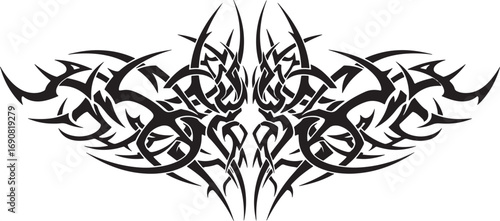 Intricate black tribal tattoo design with symmetrical patterns and sharp, stylized elements