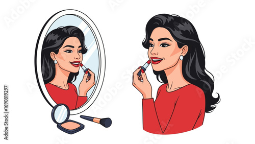 Stylish young woman applying red lipstick while looking in an oval mirror with makeup accessories nearby