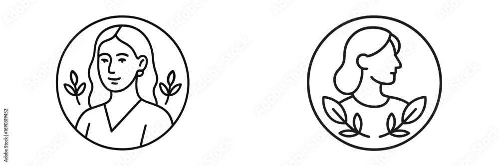 Obraz premium Minimalist line art icon set of a woman's portrait with leaves, front view and profile view for a natural beauty logo