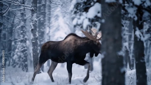 moose walking behind snowy trees