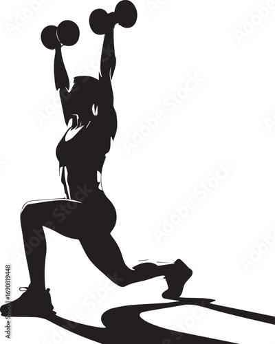 Fit athletic woman silhouette performing dumbbell lunges exercise silhouette fitness training concept