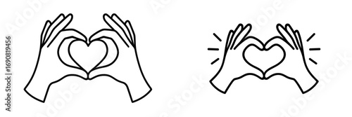 Hands making a heart shape line art icon set. Love and care symbol gesture. Simple black and white doodle for social media