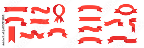 Collection of red ribbon banners in various shapes and styles for graphic design elements, labels, and decorative text holders
