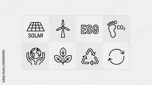 Eco-friendly ESG icon set. Thin line editable stroke icons for renewable energy, recycling, environmental impact, carbon footprint, green practices, water reuse, and planet care.