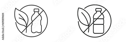 Plastic free and biodegradable material icon set with a crossed out bottle and leaf symbol for eco friendly packaging