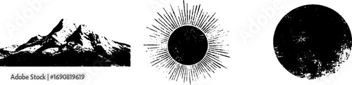 Monochrome grunge illustration set of mountain, sunburst, and abstract circle for design