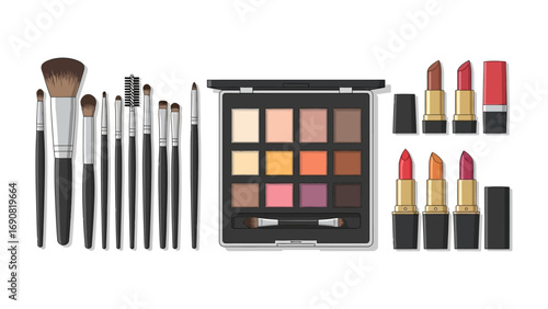 A professional makeup artist s essential collection of cosmetic tools including brushes eyeshadow palette and vibrant lipsticks arranged on a clean white background