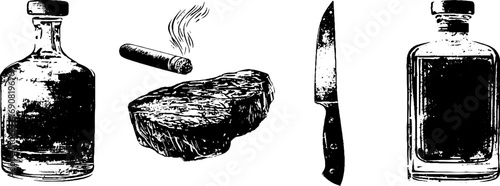 Grunge black and white illustrations of bottles, cigar, steak, and knife for culinary design
