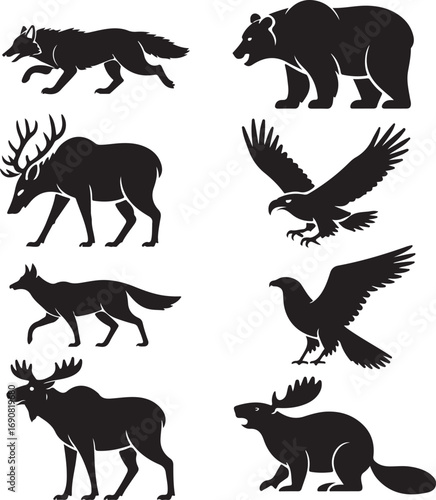Collection of Black Silhouettes of North American Mammals and Birds Keywords: wolf, dog, bear