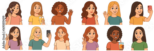 Collection of diverse young women portraits with various hairstyles and expressions engaged in activities like taking a selfie, applying makeup, and waving