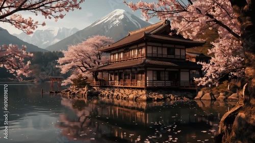 cinematic view of a traditional Japanese inn (ryokan) built with wood.