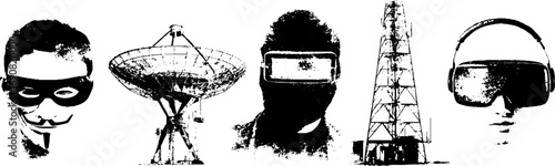 Grunge black and white hacker illustration set for cybersecurity and technology themes